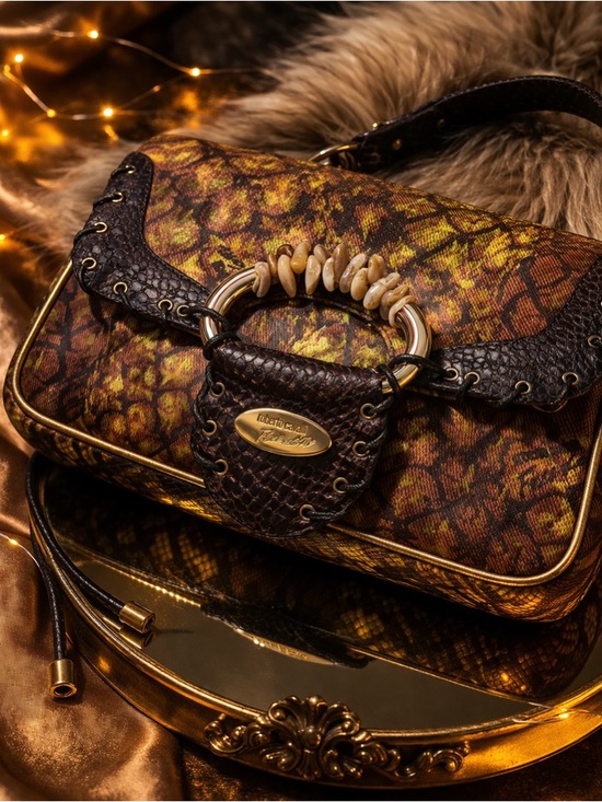 Roberto Cavalli Snakeskin Trim Canvas Shoulder Bag Y2K Statement - Picture 2 of 3